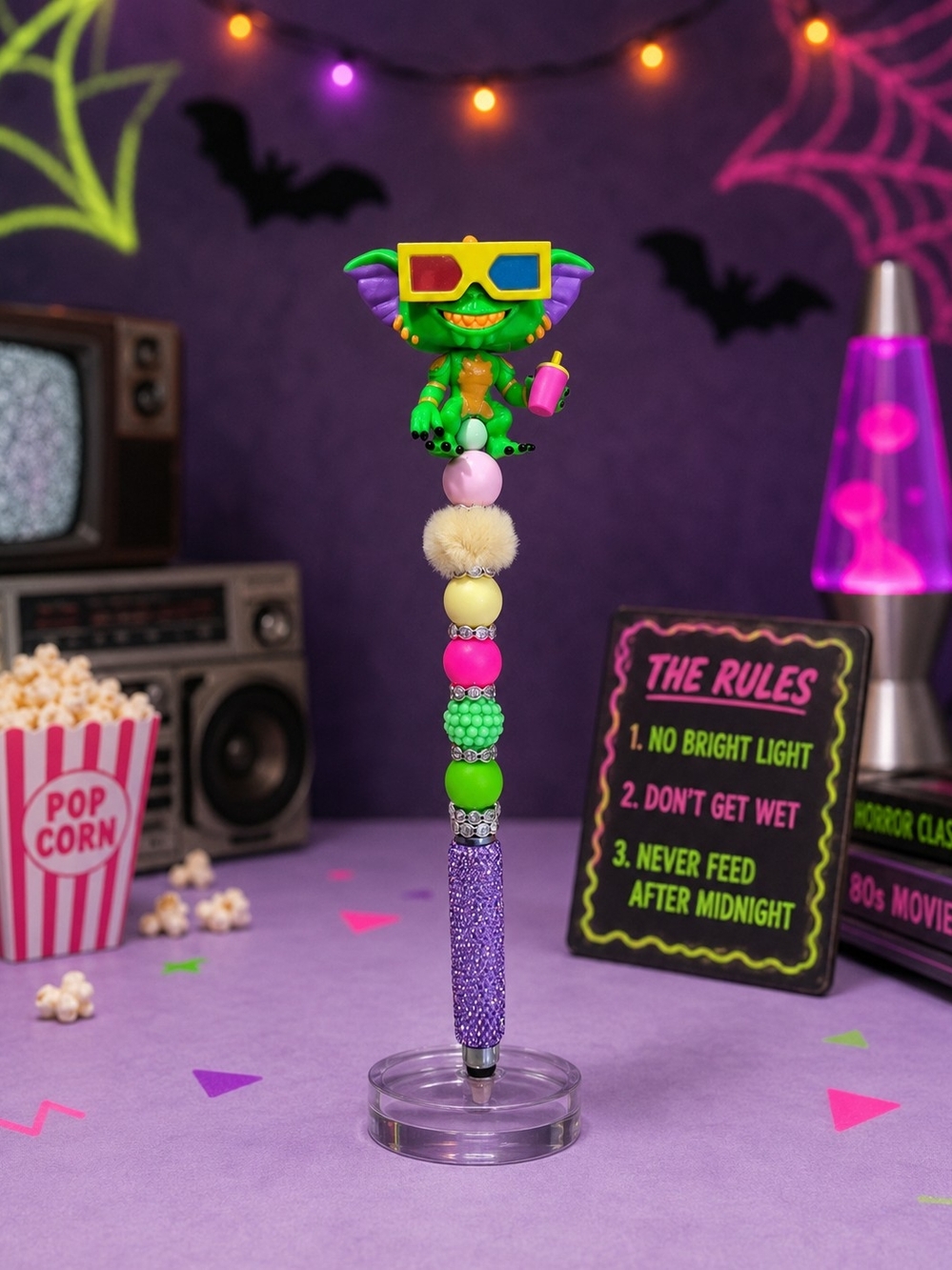 Green Gremlin Decorative Party Pen with Purple Glitter Base
